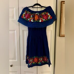 Girl’s Blue Sz XL Traditional Mexican Inspired Dress W/ Floral & Smocking Detail